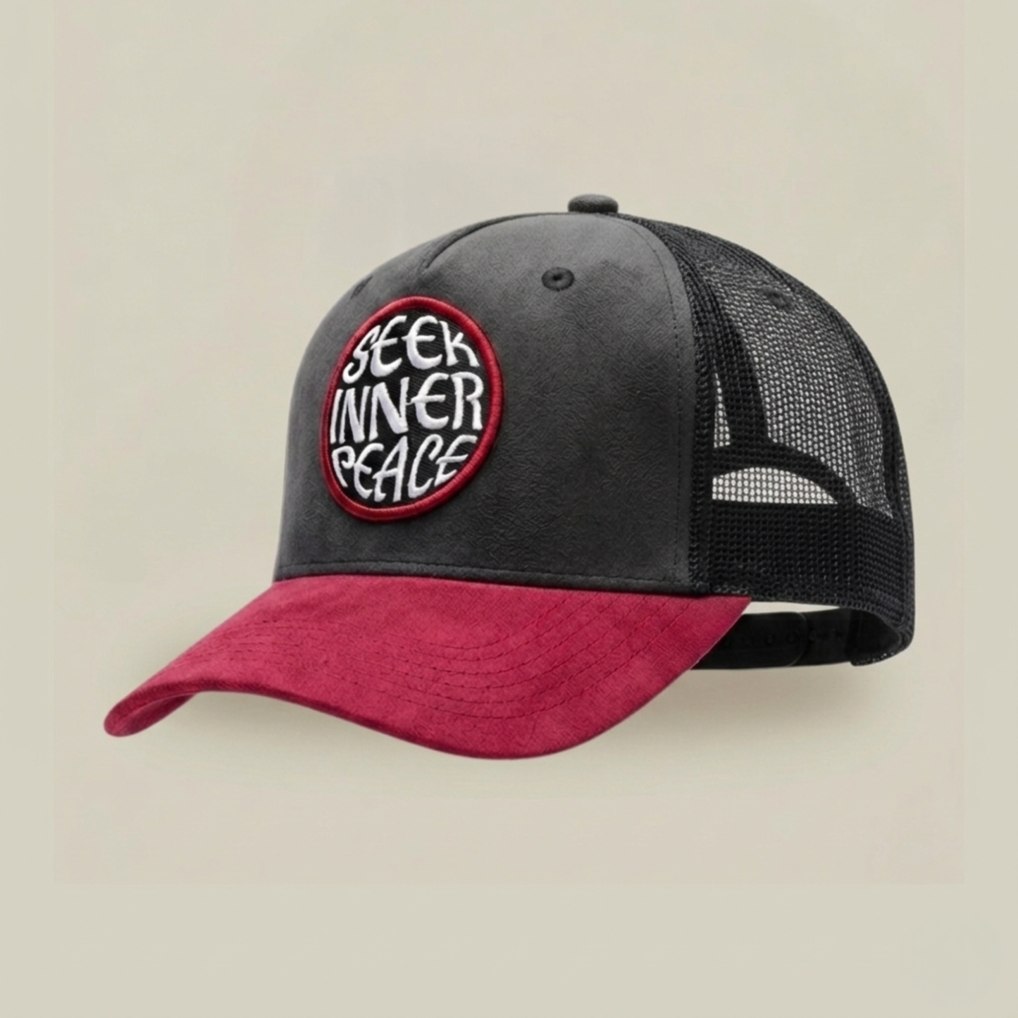 Seek Inner Peace Suede Mesh Trucker Hat – Charcoal & Burgundy
