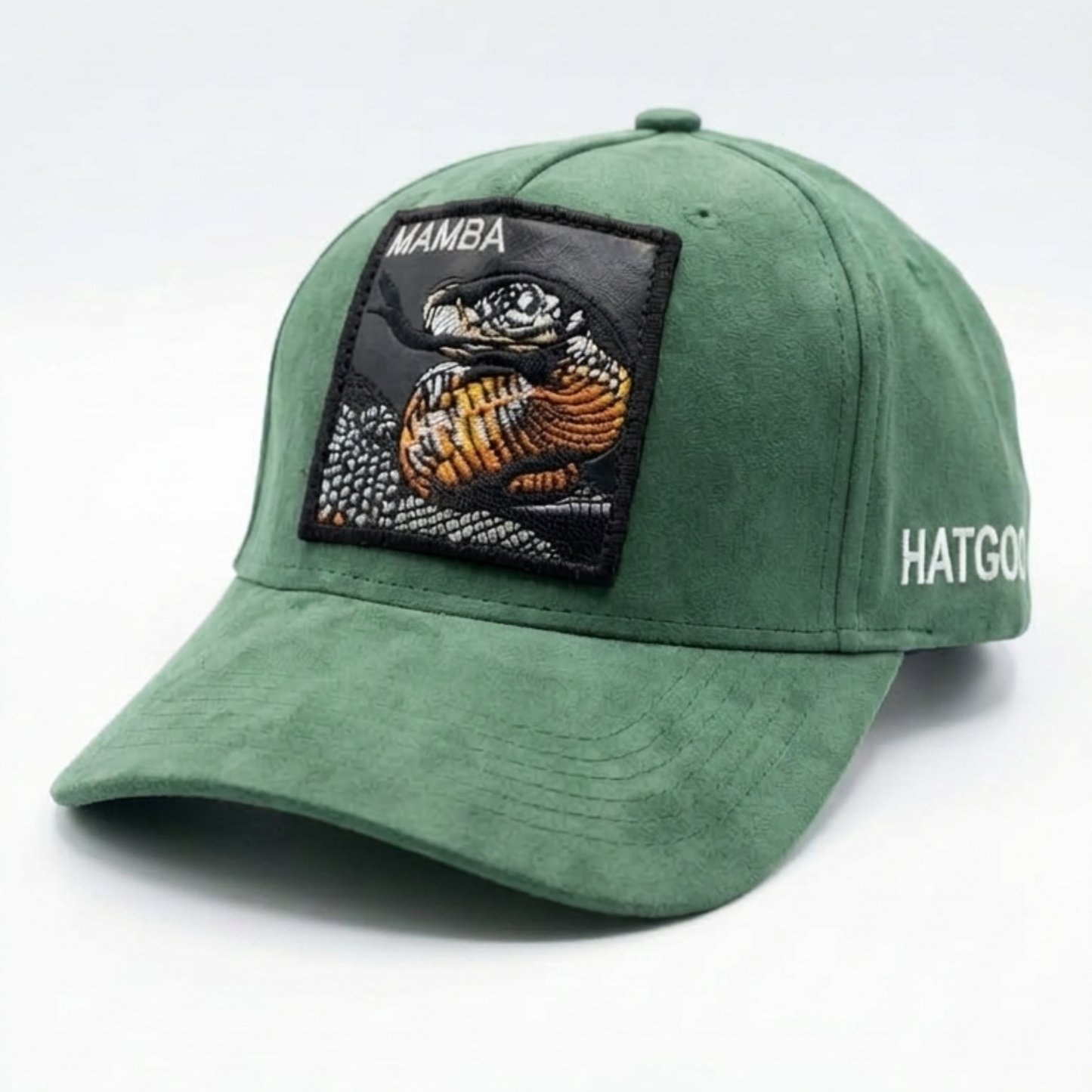 Green Suede "Mamba" Snake Patch Baseball Cap