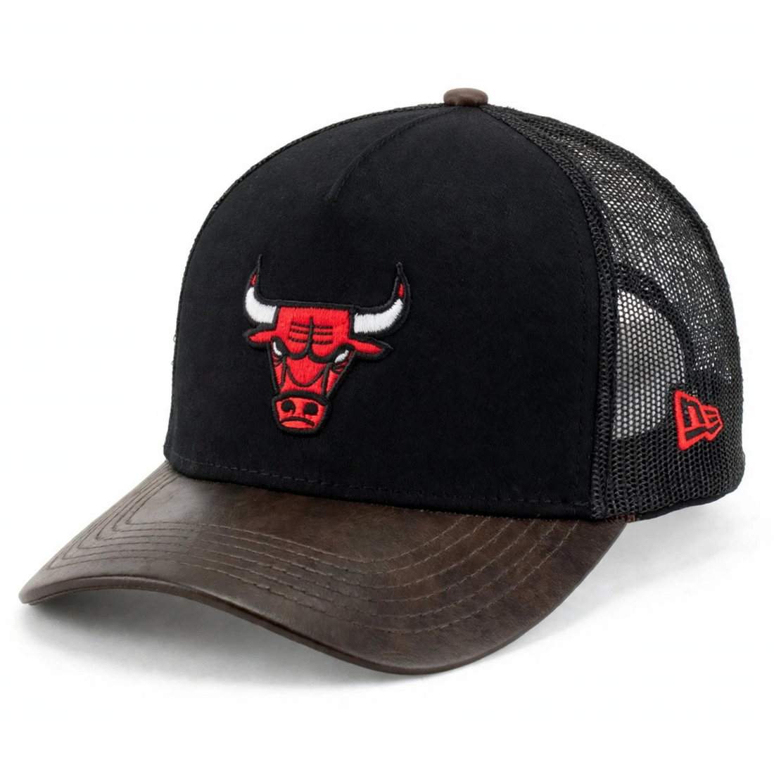 Black New Era Bull Leather Brim Trucker