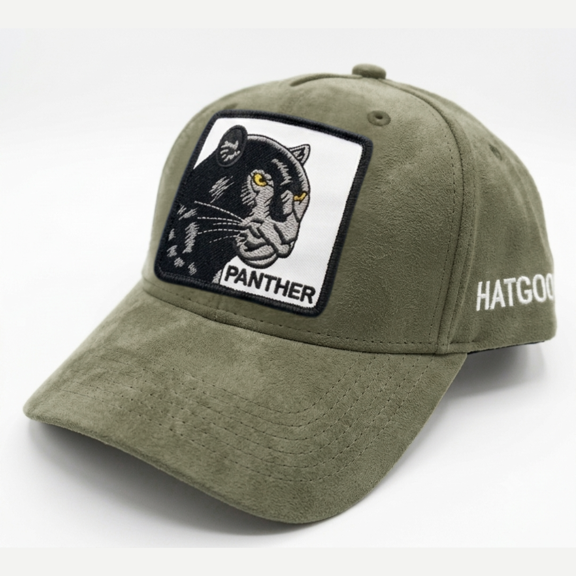 Olive Green Suede "Panther" Patch Baseball Cap
