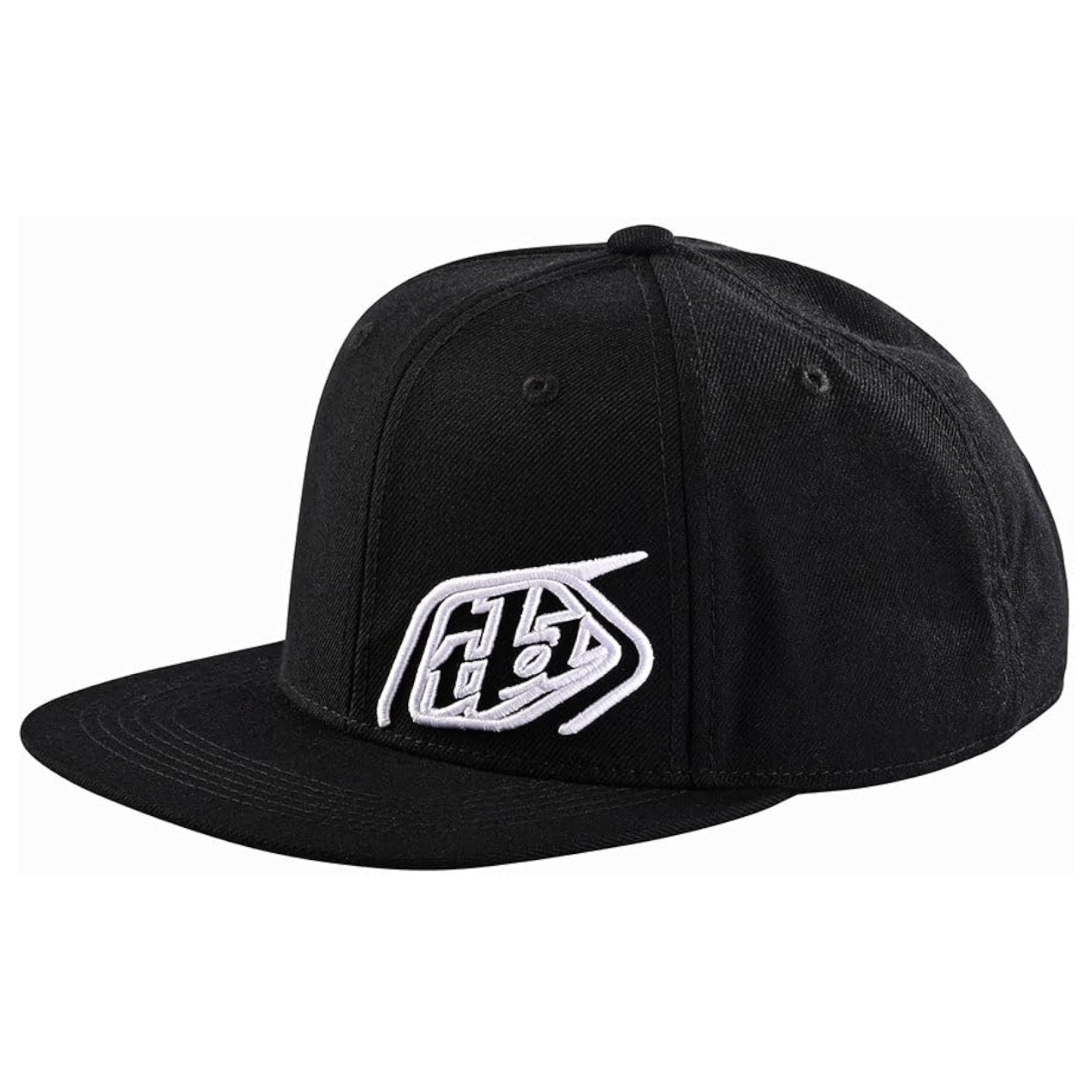 Men's Black Flat Brim Snapback Cap with White Graphic Embroidery