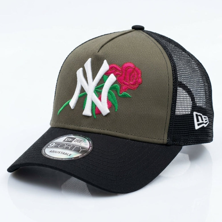Olive Floral Yankees Trucker Hat