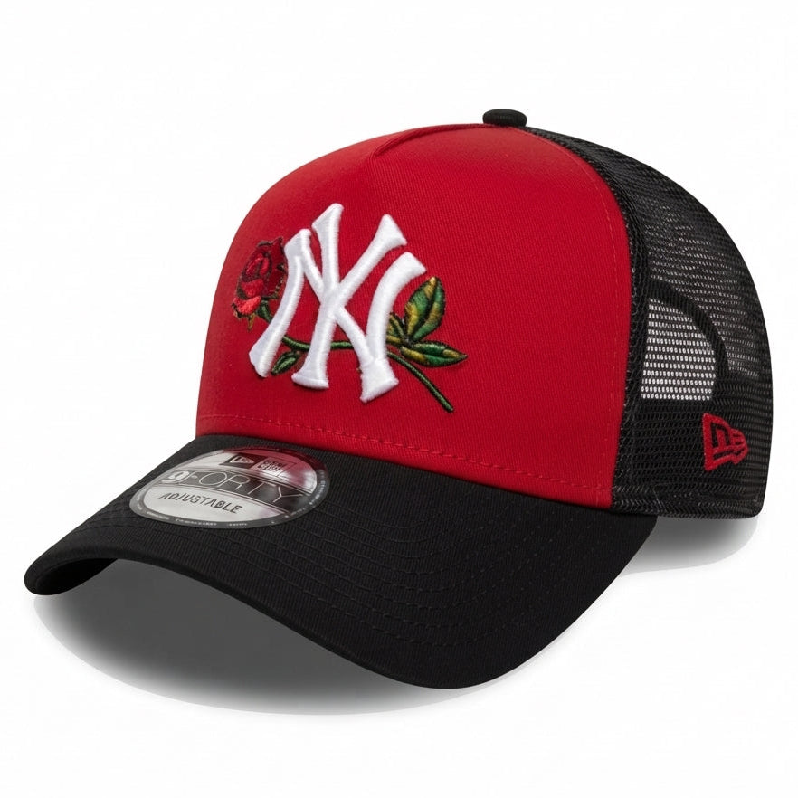 Floral Yankees Trucker Hat- Red